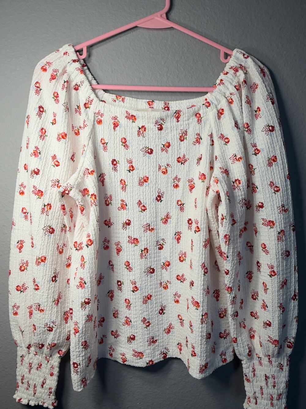 LOFT White Off-Shoulder Peasant Blouse with Red Floral Print